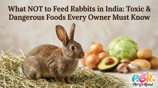 Image of a rabbit for the blog post 'What NOT to Feed Rabbits in India: Toxic & Dangerous Foods Every Owner Must Know,' showing a domestic rabbit surrounded by onions, an avocado, cabbage, and potatoes.